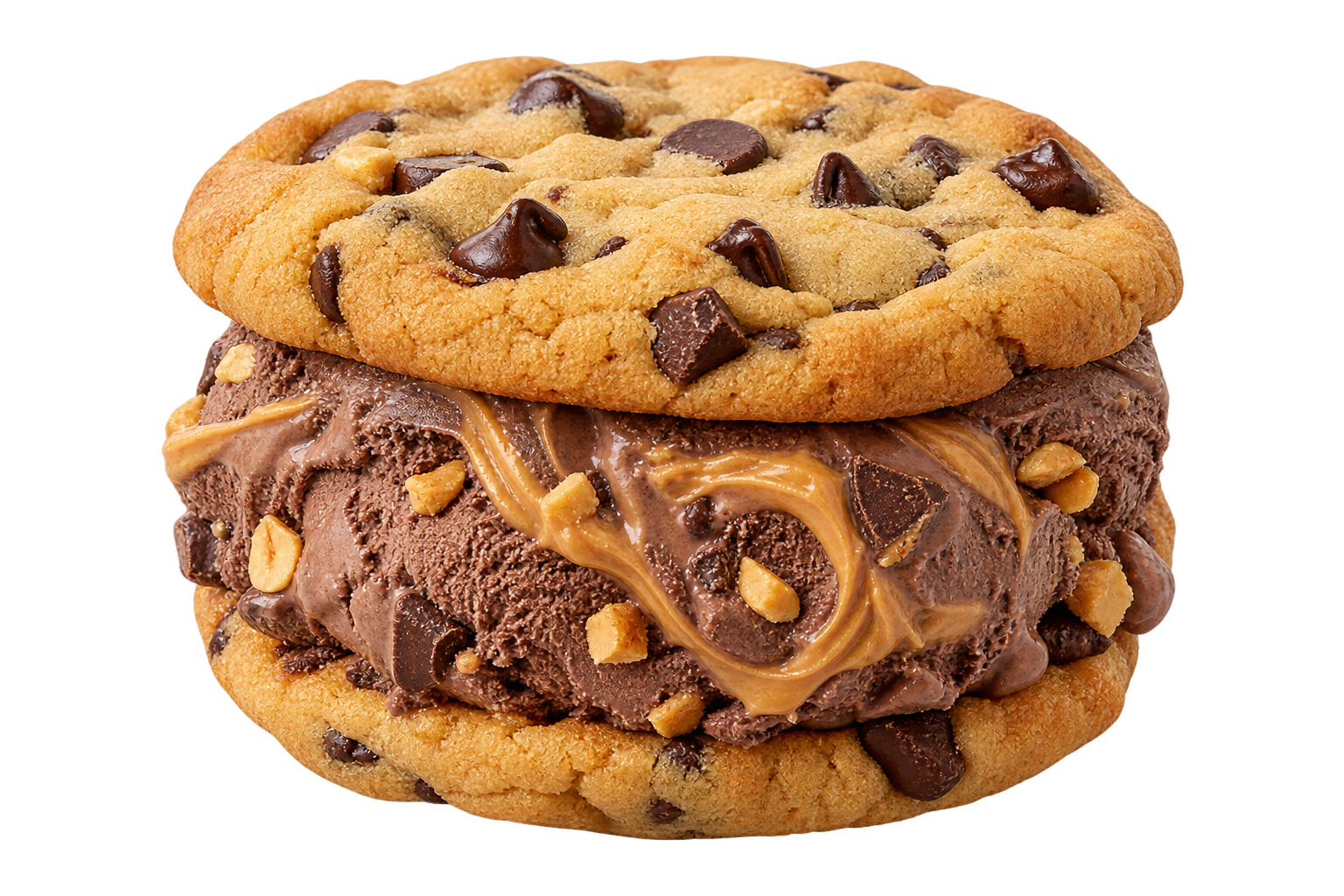Chocolate-chip cookie ice cream sandwich with chocolate peanut butter ice cream