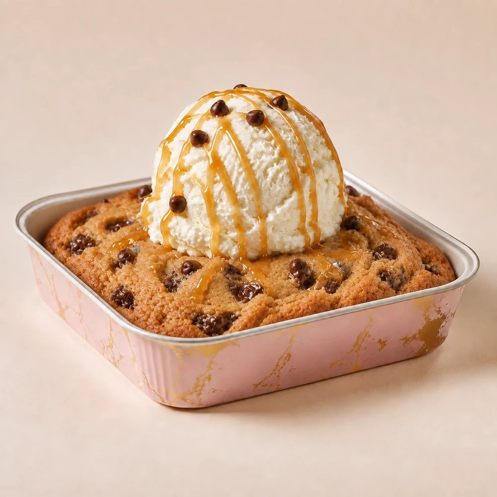 Warm baked chocolate-chip cookie dough topped with a scoop of vanilla ice cream