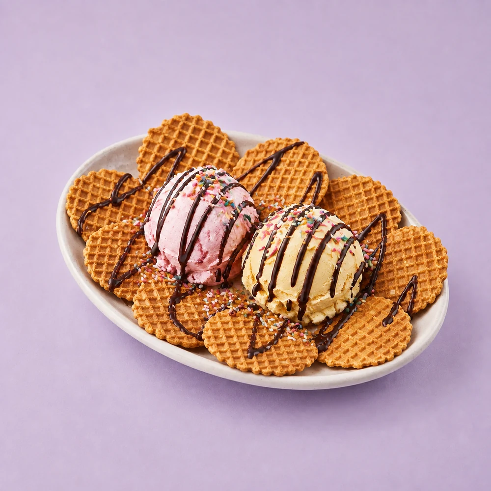 Two scoops of ice cream surrounded by round waffle chips