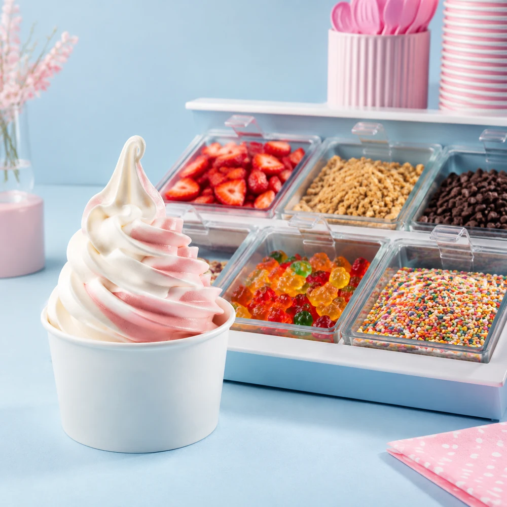 Self-serve frozen yogurt cup beside a colorful topping station