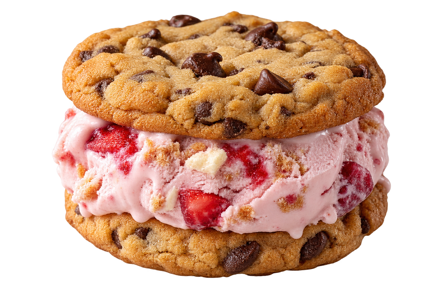 Chocolate-chip cookie ice cream sandwich with strawberry cheesecake ice cream